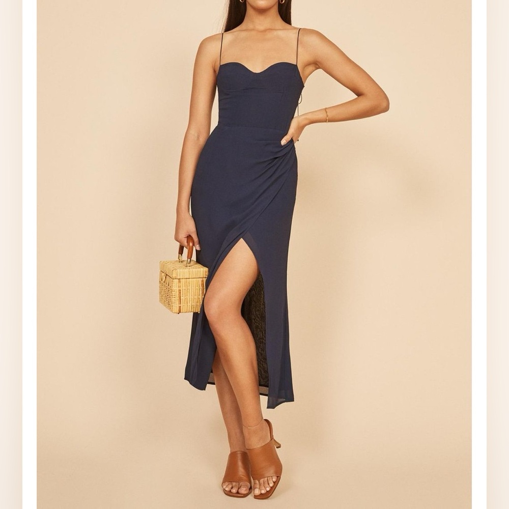 Reformation Navy Blue Midi Dress with Sweetheart Neckline